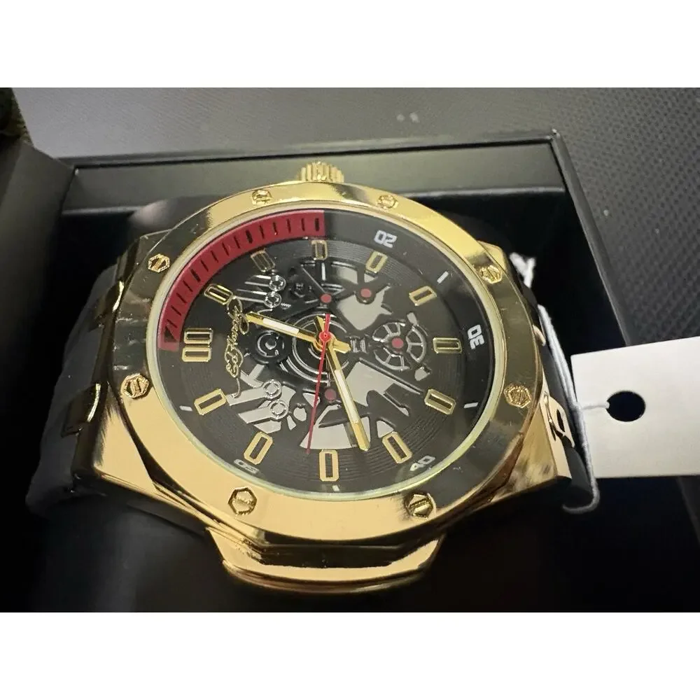 Ed Hardy York Men's Quartz Analog Watch Gold Tone Case Black Rubber Strap w/ Box